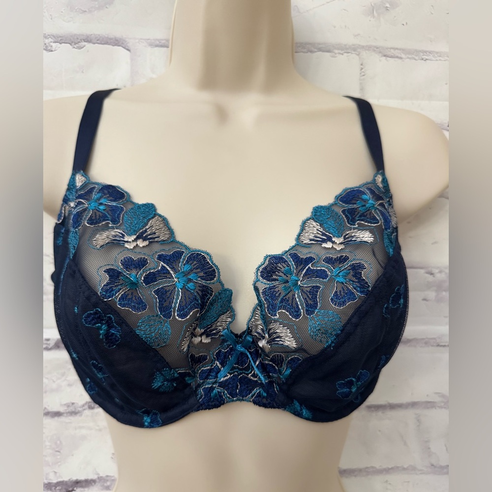 Panache Bra USA 34E Eden Balconette Sculptresse Blue Embroidered Unlined Wired